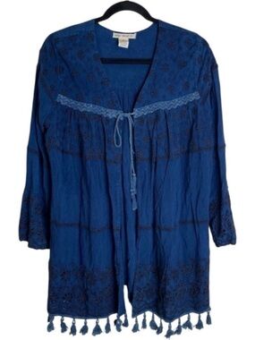 Blue Embroidered Tassel Tie Cardigan